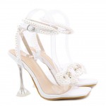 White Pearl Bow Bridal Wedding Gown High Heels Sandals Shoes 