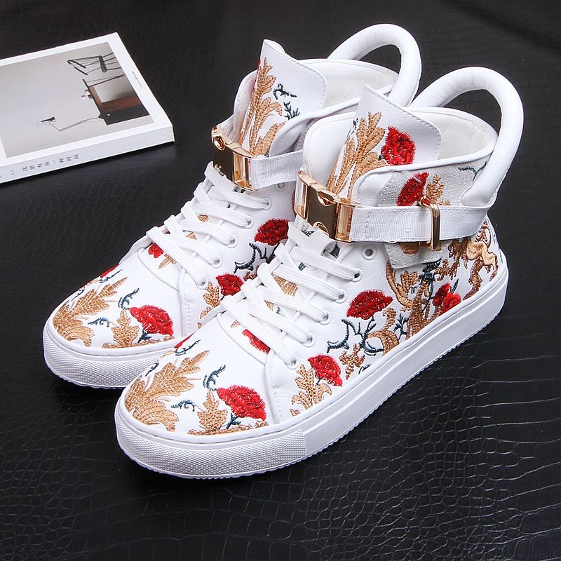 springvand neutral Tanke White Rose Dragon Embroidery High Top Punk Rock Mens Sneakers Shoes Flats