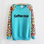 White Blue Grey Leopard Print Coffee Cup Fleece Long Sleeve Sweatshirts Tops