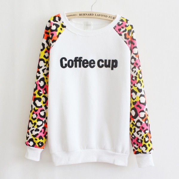 White Blue Grey Leopard Print Coffee Cup Fleece Long Sleeve Sweatshirts Tops