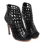 Black Gladiator Sqaure Hollow Out Bird Cage Peep Toe Stiletto High Heels Sandals Shoes