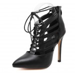 Black Gladiator High Heels Sexy Pointed Toe Cut Out Strappy Lace Up Stiletto Heels Shoes 