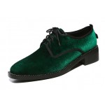 Green Velvet Gold Chain Point Head Lace Up Vintage Womens Oxfords Heels  Shoes