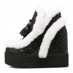 Black Glitter Fur Tassels Wedges Platforms Shoes