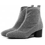 Grey Silver Glitter Blunt Head Stretchy Pull On High Heels Ankle Boots Shoes