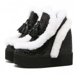 Black Glitter Fur Tassels Wedges Platforms Shoes