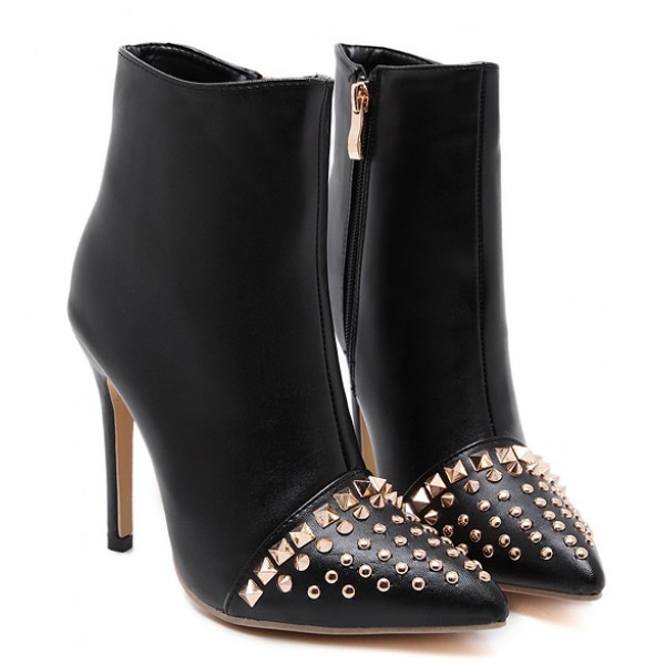 Black Gold Metal Studs Point Head High Stiletto Heels Mid Boots Shoes