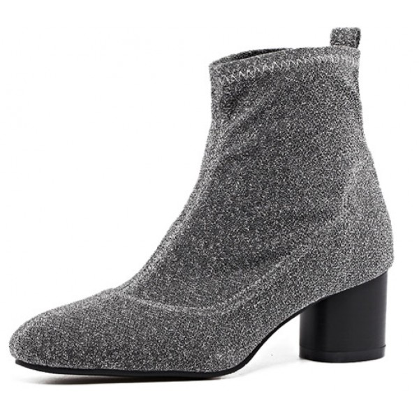 Grey Silver Glitter Blunt Head Stretchy Pull On High Heels Ankle Boots Shoes