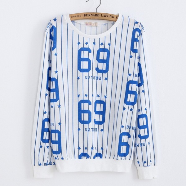 White Blue Stripes 69 BRKLYN Long Sleeve Sweatshirts Tops