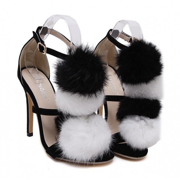 Black White Fur Pom Suede High Stiletto Heels Pumps Sandals