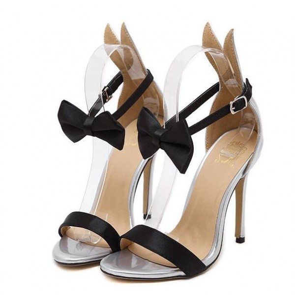 Silver Patent Leather Rabbit Ears Black Bow High Stiletto Heels Sandals Shoes