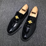 Black Patent Embroidery Bees Irregular Sole Loafers Mens Dress Shoes Flats
