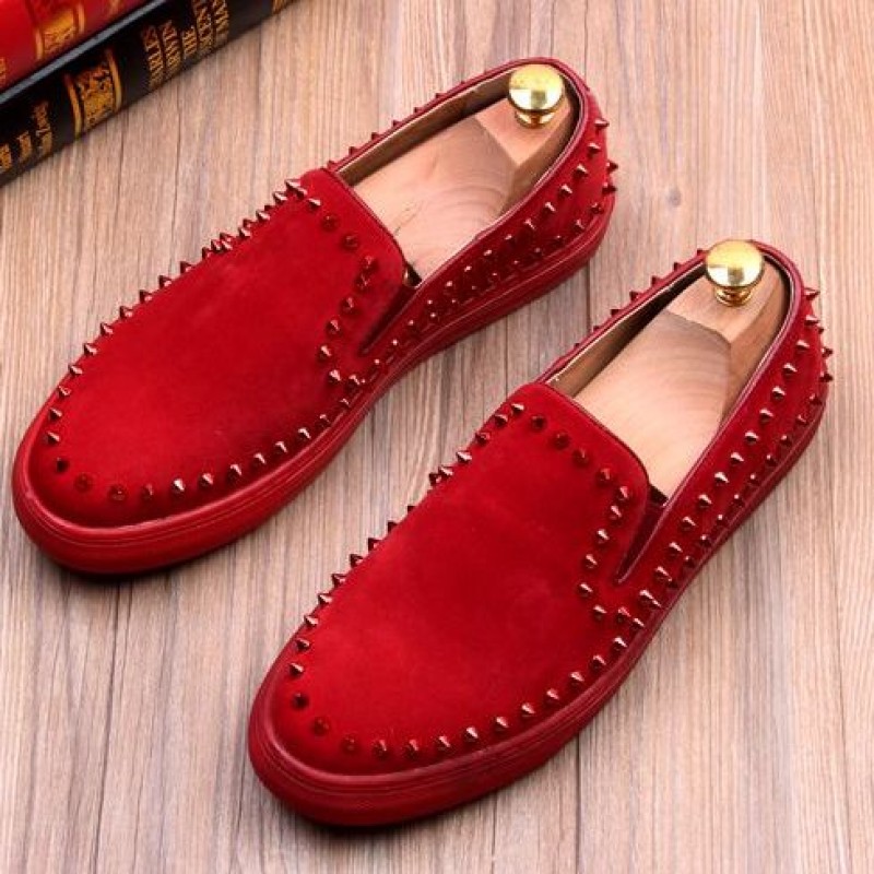 Red Suede Spike Studs Punk Rock Mens Loafers Flats Dress Shoes