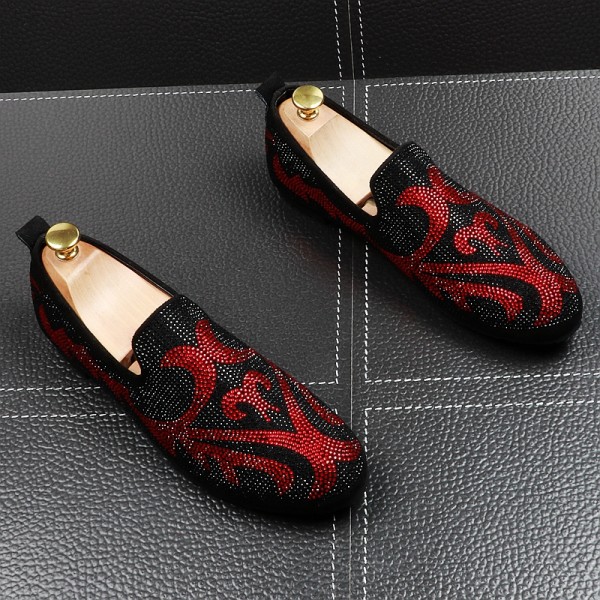 Black Red Patterned Diamantes Punk Rock Mens Loafers Flats Shoes