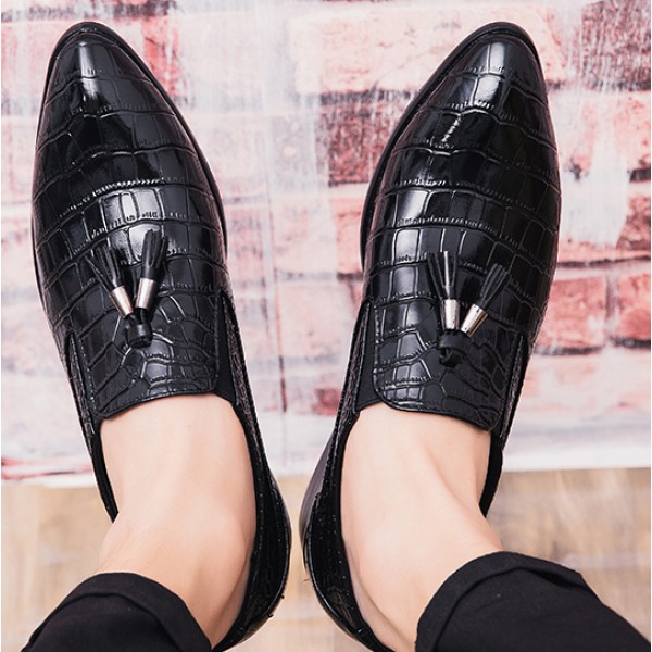 Black Tassels Croc Mens Pointed Head Loafers Dress Dapper Man Shoes Flats