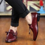 Burgundy Bow Tassels Pointed Head Mens Loafers Dress Dapper Man Shoes Flats