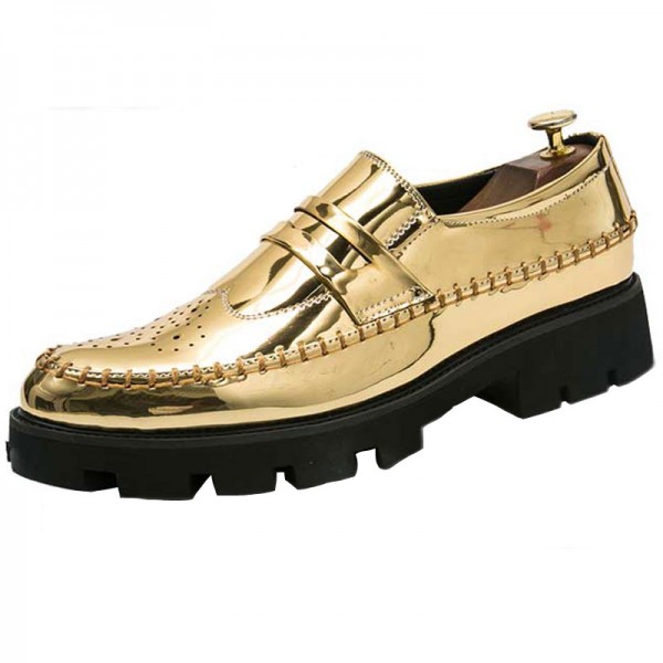 Gold Metallic Patent Leather Thick Sole Mens Oxfords Loafers Dress Shoes Flats