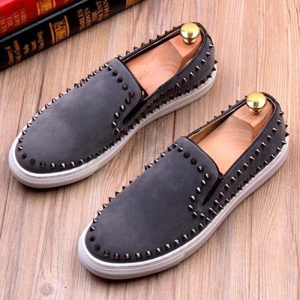 Grey Suede Metal Spikes Studs Punk Rock Loafers Sneakers Mens Shoes