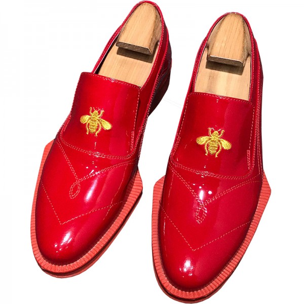 Red Patent Embroidery Bees Irregular Sole Loafers Mens Dress Shoes Flats