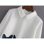 White Long Sleeves Cats Lapel Collar Blouse