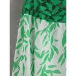 White Green Leaves Lace Neck Print Chiffon Shirt