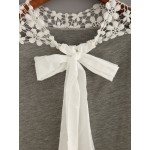 Grey Sexy White Crochet Shoulder Bow Tie Blouse Top Shirt