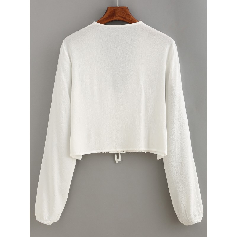 White Loose Trimmed Lace Up Crop Top Long Sleeves