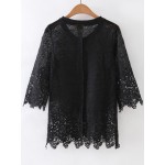 Black Sheer Crochet Lace Mid Sleeves Blouse