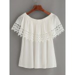 White Crochet Lace Trimmed Off Shoulder Short Sleeves Blouse Shirt Top