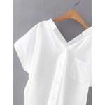 White V Neck Short Rolled Sleeves Top Shirt Blouse