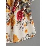Beige Flower Floral Print Ruffled Off Shoulder Short Sleeves Shirt Top