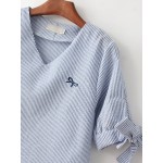 Blue V Neck Stripes Bow Short Sleeves Top Shirt Blouse