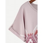 Pink Geometric Ethnic Tribal Print Rolled Short Sleeves Shirt Top