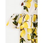 White Yellow Print Summer Leaves Ruffle Top Shirt 