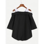 Black White Off Shoulder Button Up Mid Sleeves Shirt Blouse