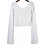 White  V Neck Ribbed Long Sleeves Sweater