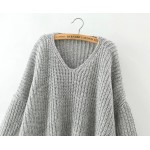 Grey V Neck Loose Batwing Long Sleeves Sweater Top
