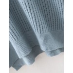 Blue Round Neck Hollow Out Loose Winter Sweater