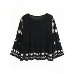 Black Embroideried Bohemia Florals Pattern Top Blouse