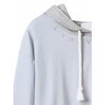 Blue Embroidered Drawstring Hooded Hoodie Cropped Sweatshirt