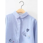 Blue Cartoon Embroideried Peter Pan Collar Long Sleeves Blouse