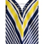 Blue Yellow Stripes Cheveron V Neck Long Sleeves Blouse Shirt Top