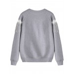 Grey Fringes Long Sleeves Crew Neck Sweatshirt