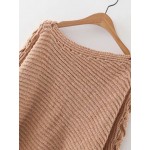 Khaki Round Neck Ribbed Lace Up Long Sleeves Sweater