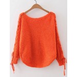 Orange Striped Lace Up Long Sleeves Winter Sweater