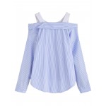 Blue White Off Shoulder Vertical Stripes Layered Long Sleeves Blouse Shirt