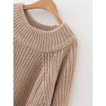 Khaki Ribbed Round Neck Loose Long Sleeves Winter Sweater