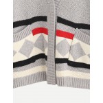 Grey V Neck Loose Front Pockets Sweater Winter Coat