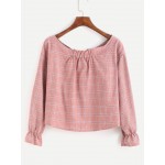 Pink Wide Boat Neck Button Front Long Sleeves Blouse