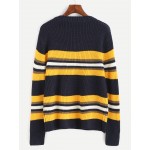 Dark Blue Yellow Striped Winter Sweater